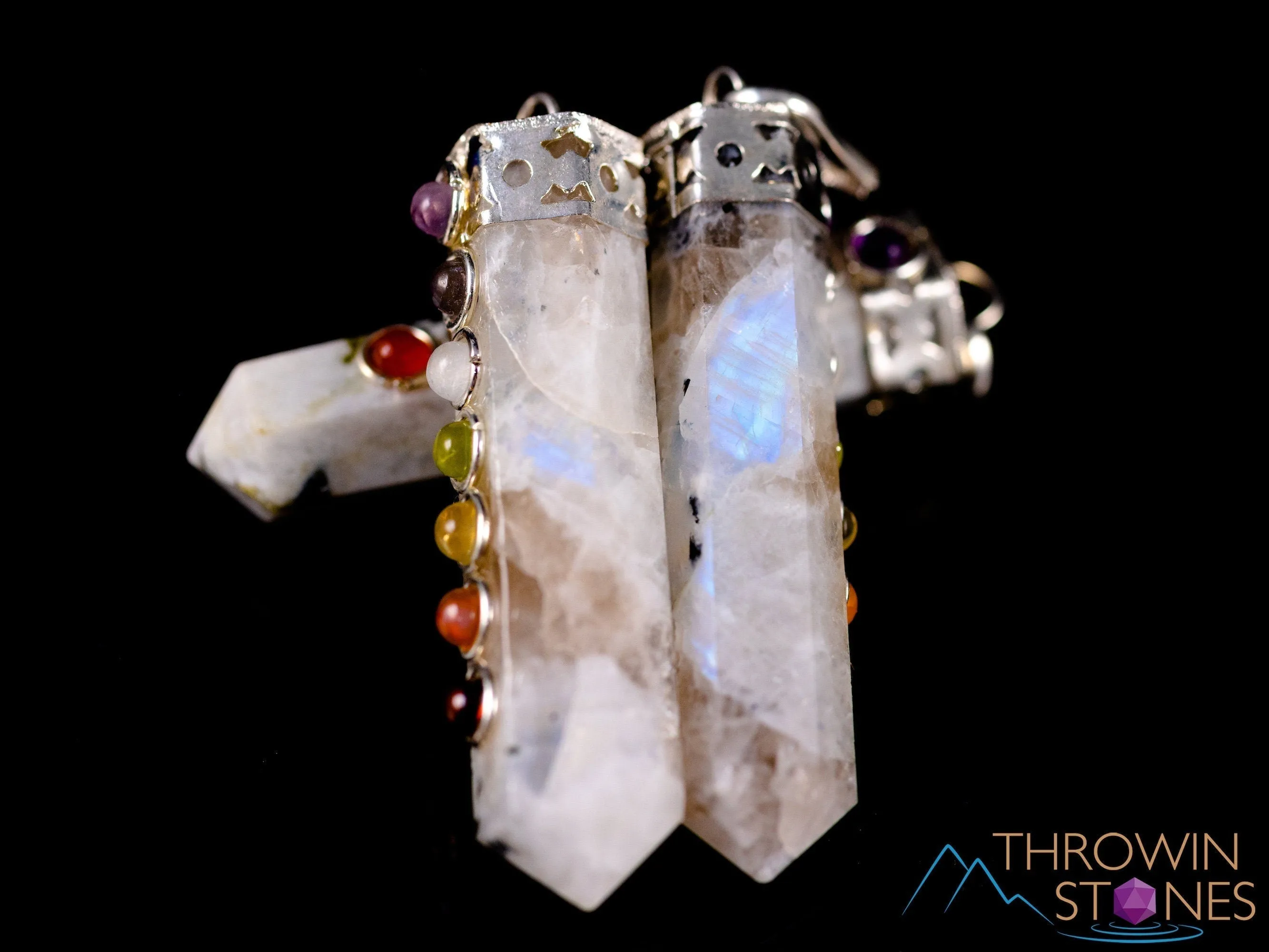 CHAKRA & Rainbow MOONSTONE Crystal Pendant - Crystal Points, Handmade Jewelry, Healing Crystals and Stones, E2118