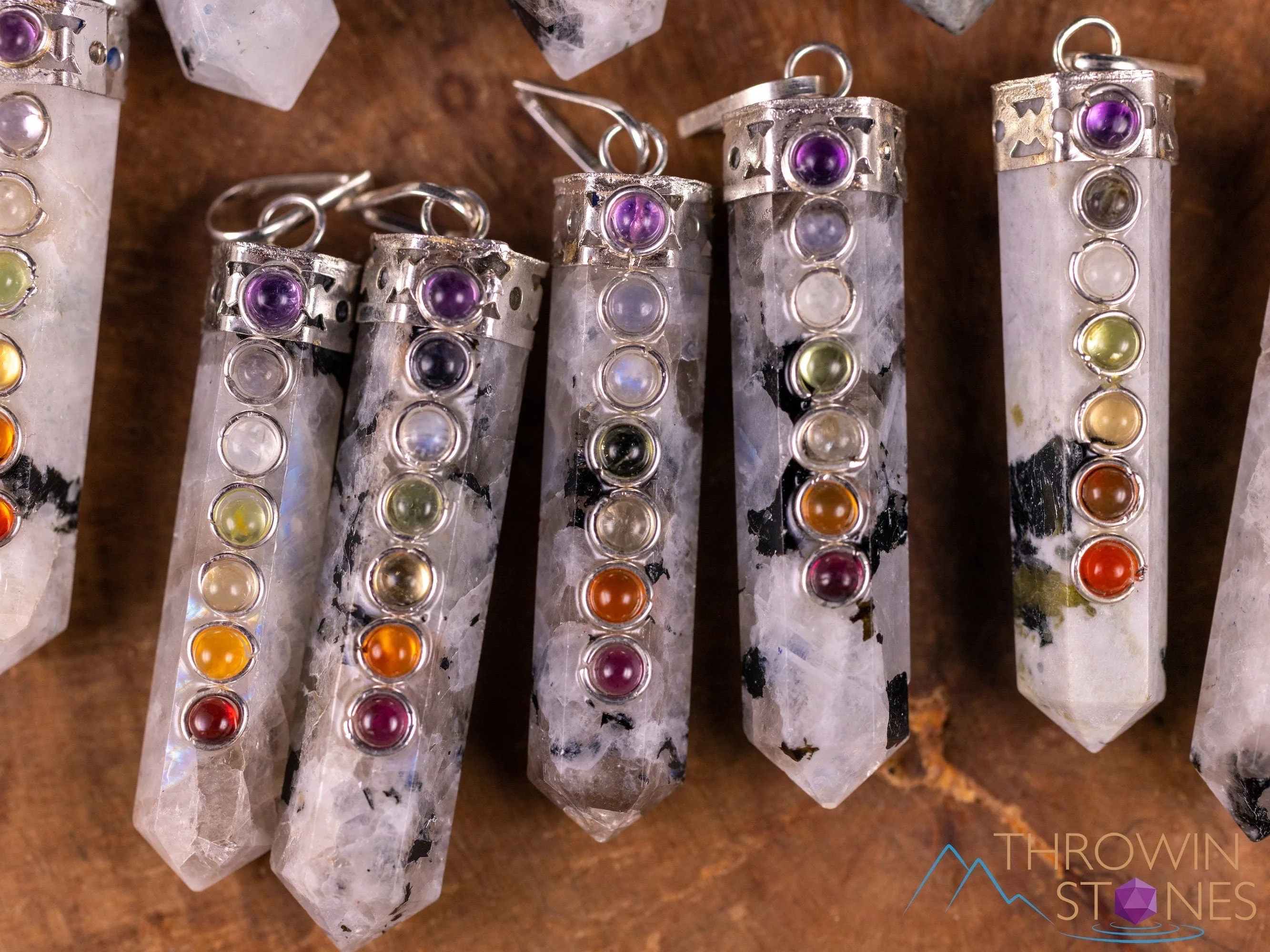 CHAKRA & Rainbow MOONSTONE Crystal Pendant - Crystal Points, Handmade Jewelry, Healing Crystals and Stones, E2118