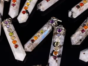 CHAKRA & Rainbow MOONSTONE Crystal Pendant - Crystal Points, Handmade Jewelry, Healing Crystals and Stones, E2118