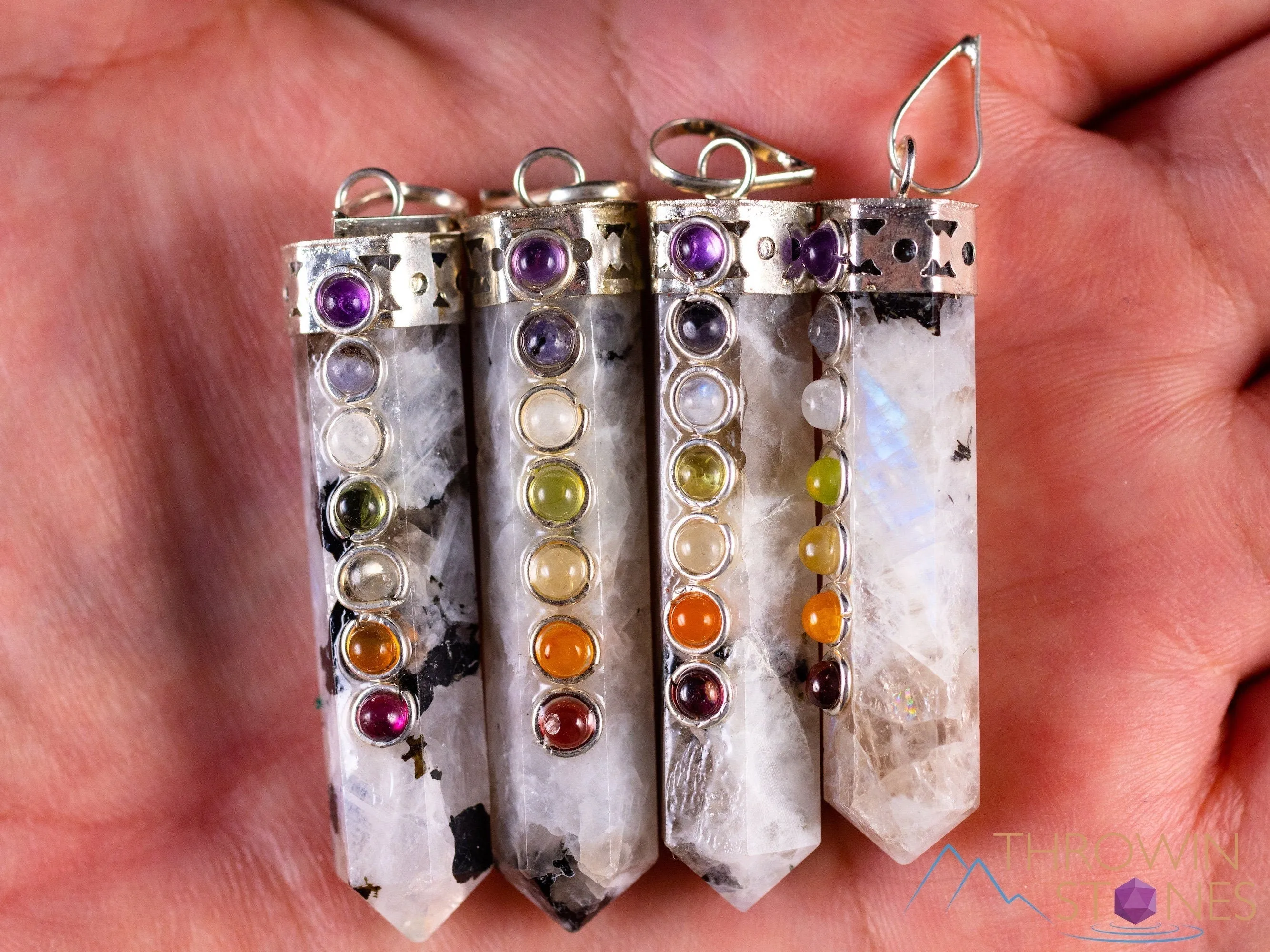 CHAKRA & Rainbow MOONSTONE Crystal Pendant - Crystal Points, Handmade Jewelry, Healing Crystals and Stones, E2118