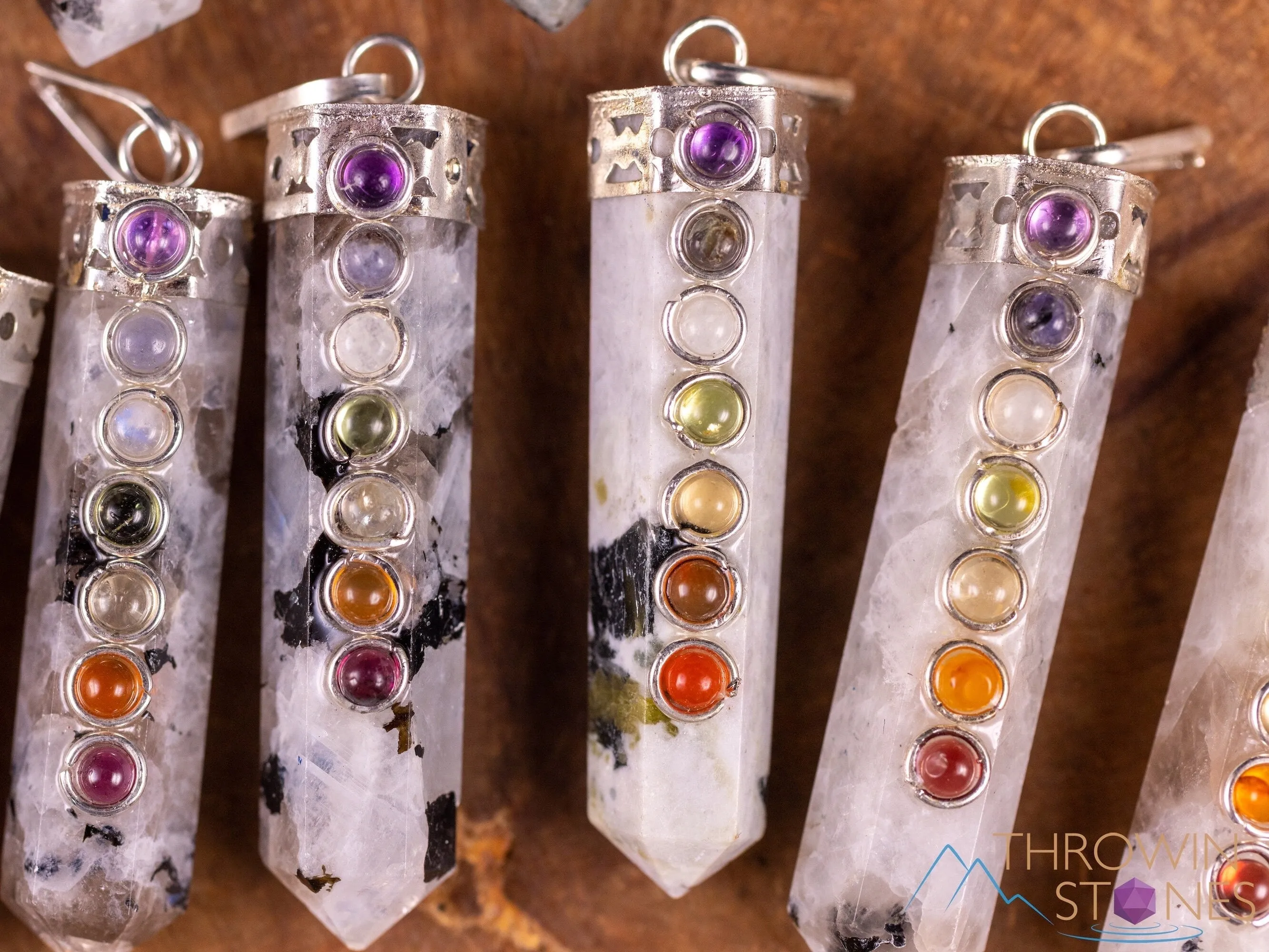 CHAKRA & Rainbow MOONSTONE Crystal Pendant - Crystal Points, Handmade Jewelry, Healing Crystals and Stones, E2118