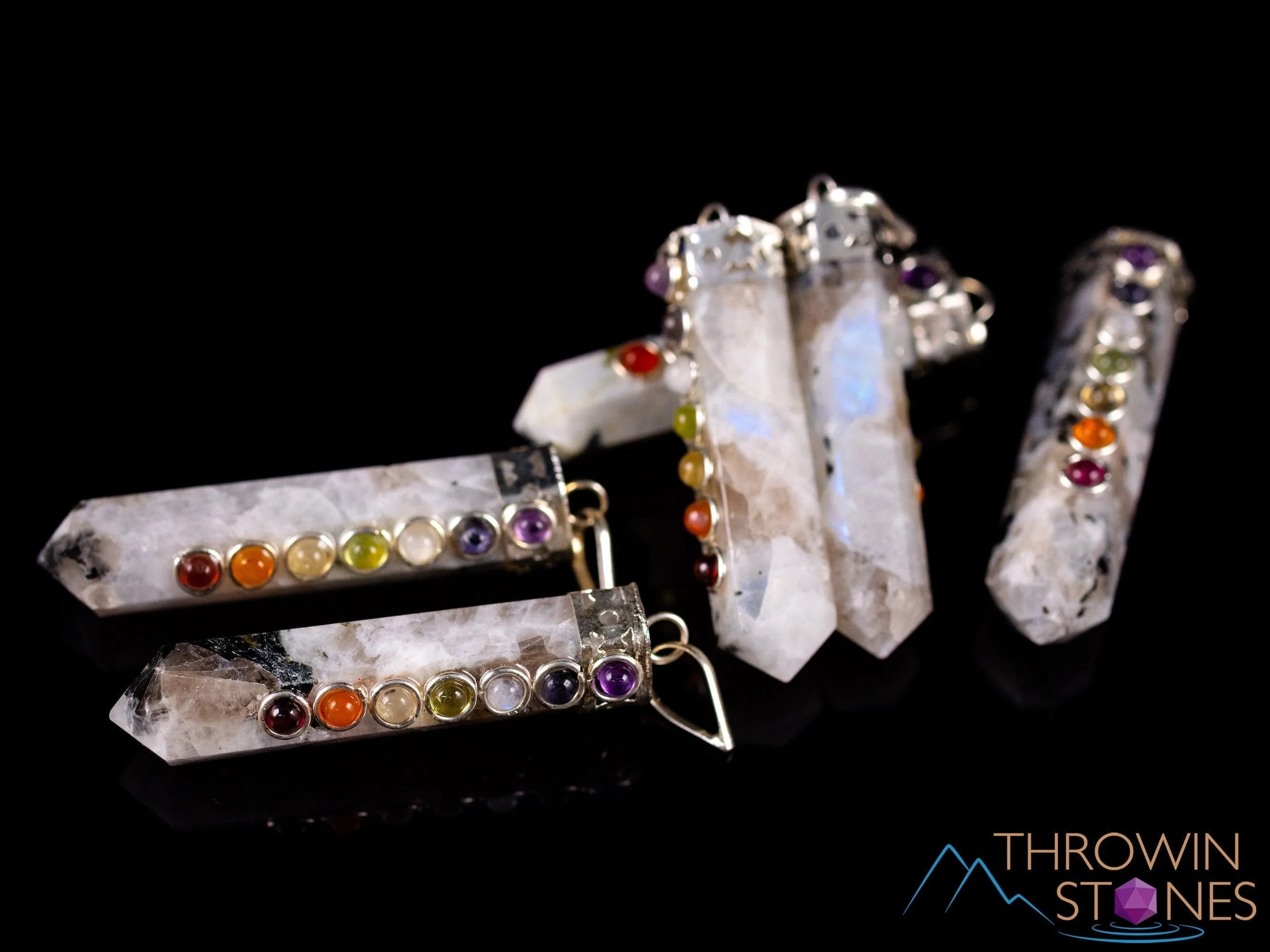 CHAKRA & Rainbow MOONSTONE Crystal Pendant - Crystal Points, Handmade Jewelry, Healing Crystals and Stones, E2118