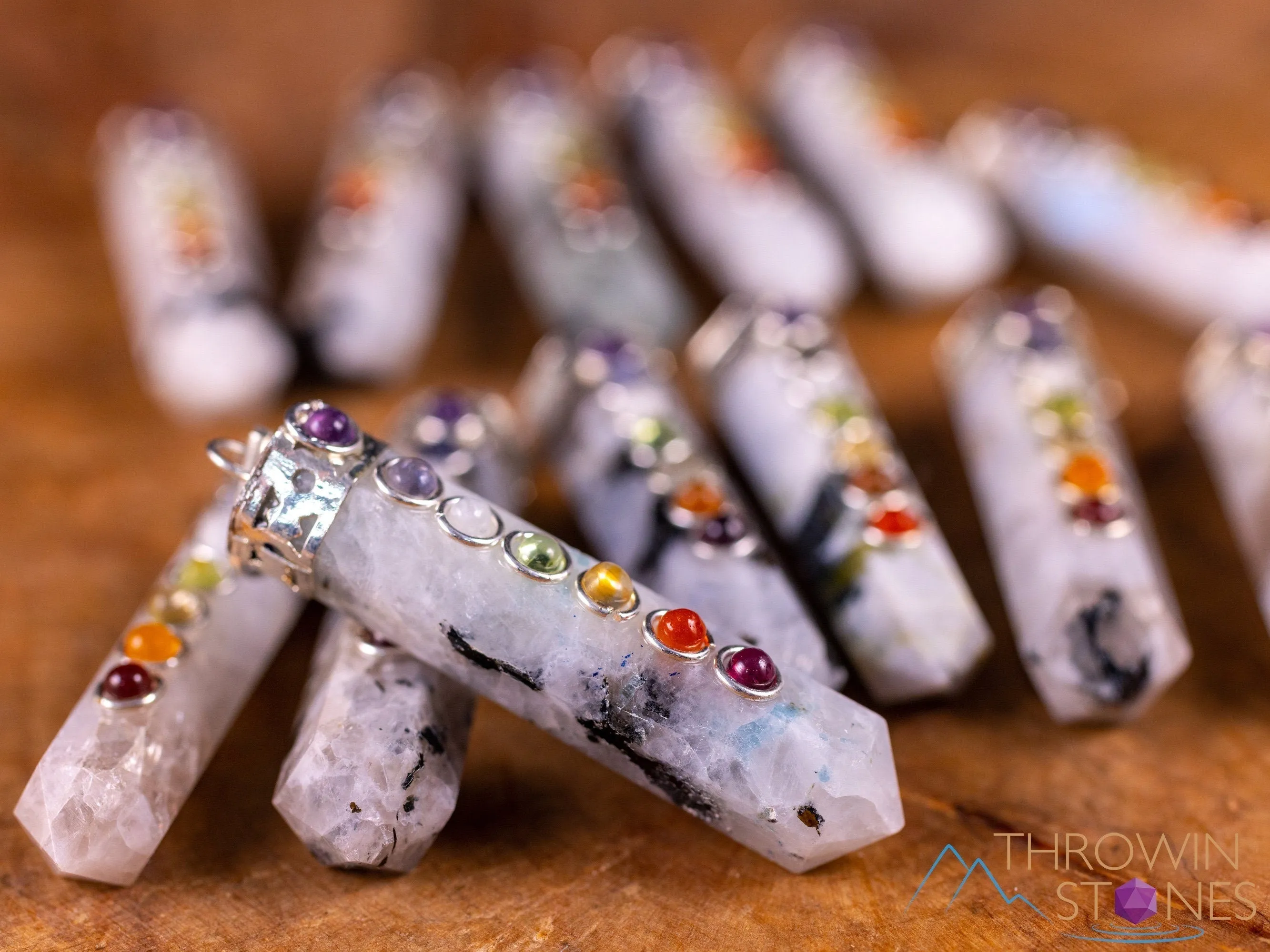 CHAKRA & Rainbow MOONSTONE Crystal Pendant - Crystal Points, Handmade Jewelry, Healing Crystals and Stones, E2118