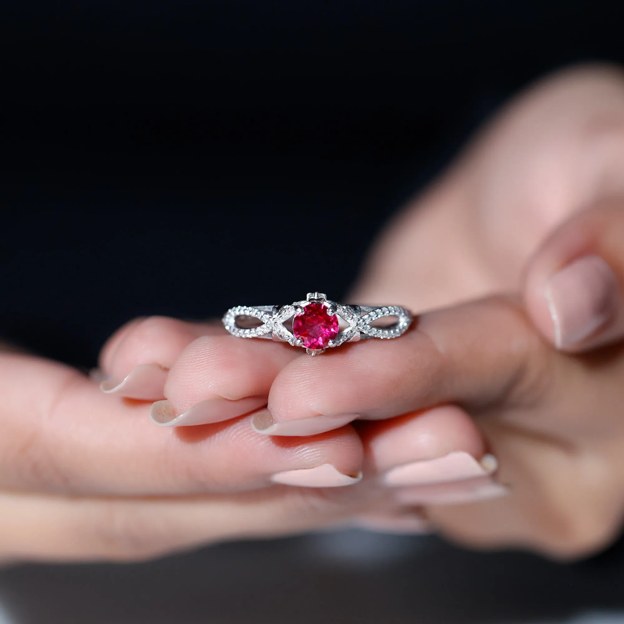 Classic Created Ruby and Diamond Crossover Engagement Ring with Diamond