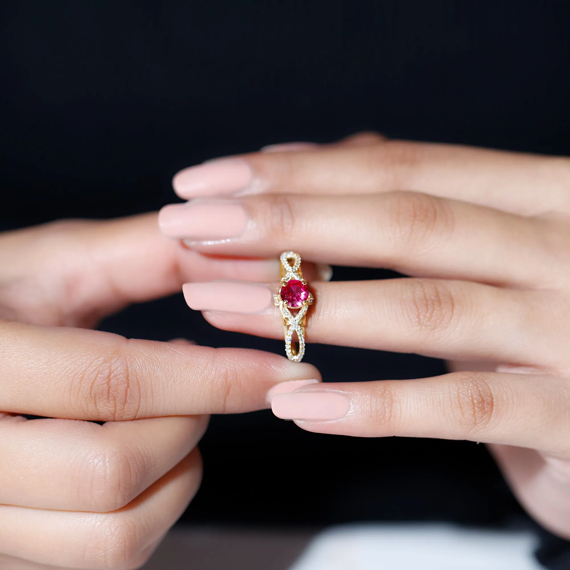Classic Created Ruby and Diamond Crossover Engagement Ring with Diamond