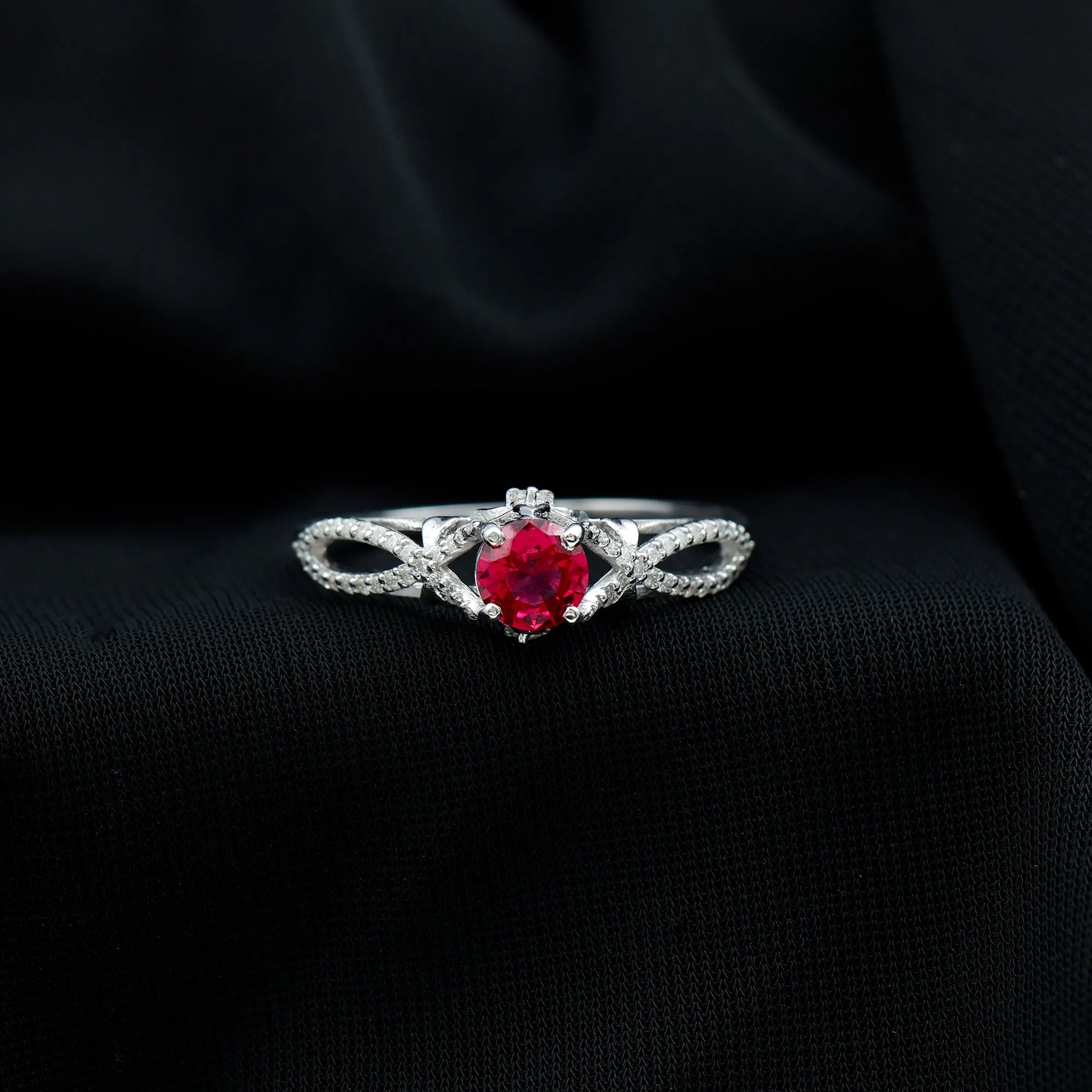 Classic Created Ruby and Diamond Crossover Engagement Ring with Diamond