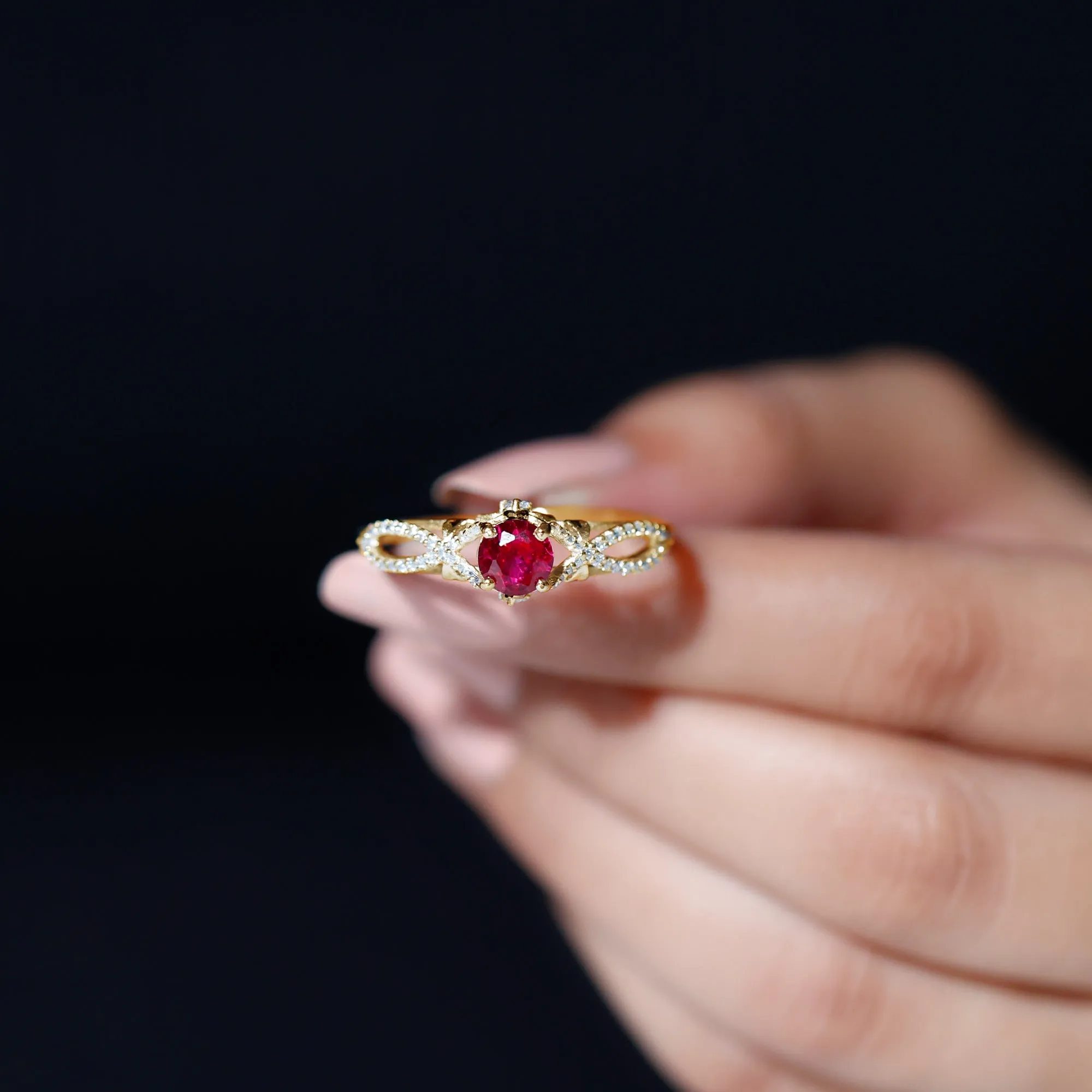 Classic Created Ruby and Diamond Crossover Engagement Ring with Diamond