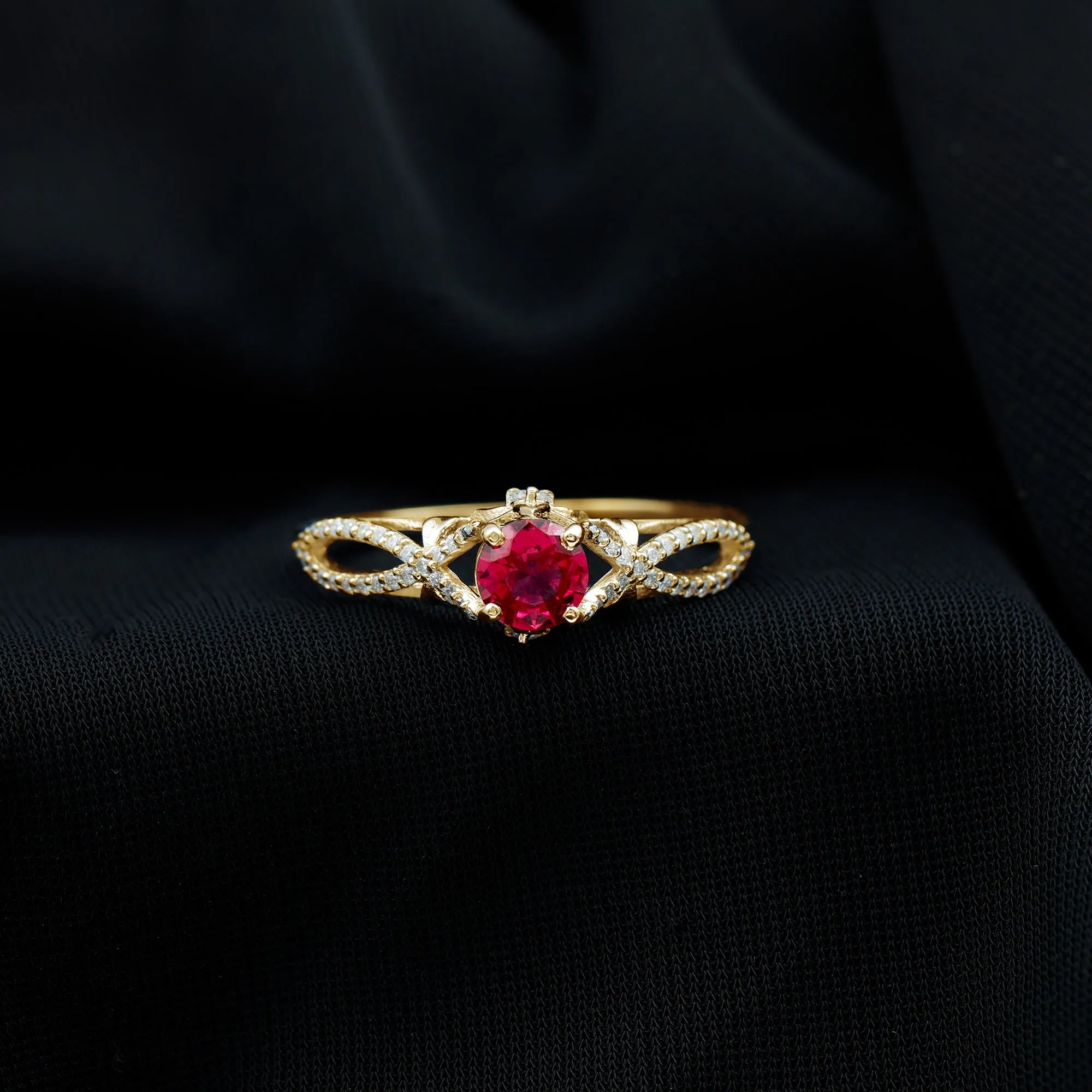 Classic Created Ruby and Diamond Crossover Engagement Ring with Diamond