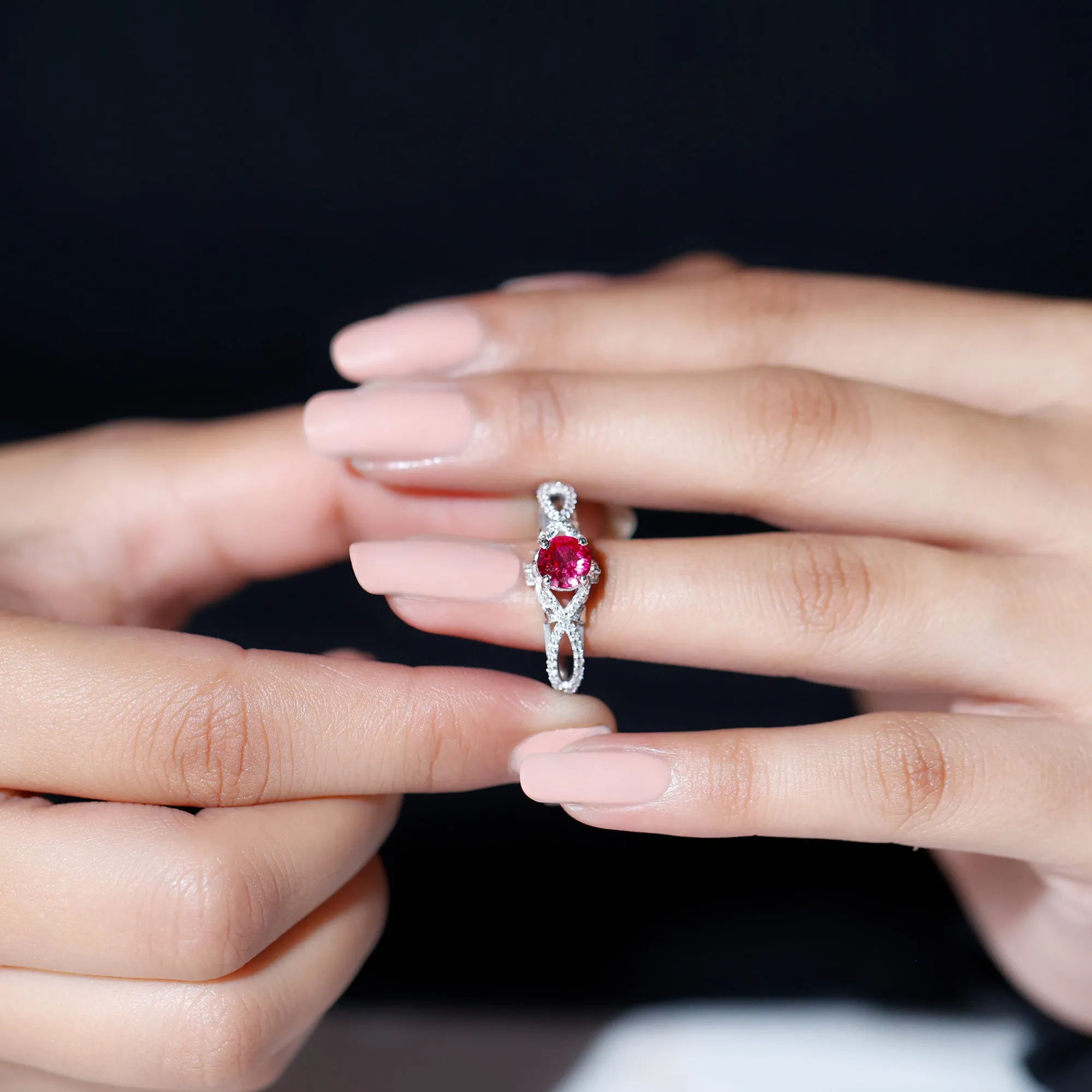 Classic Created Ruby and Diamond Crossover Engagement Ring with Diamond