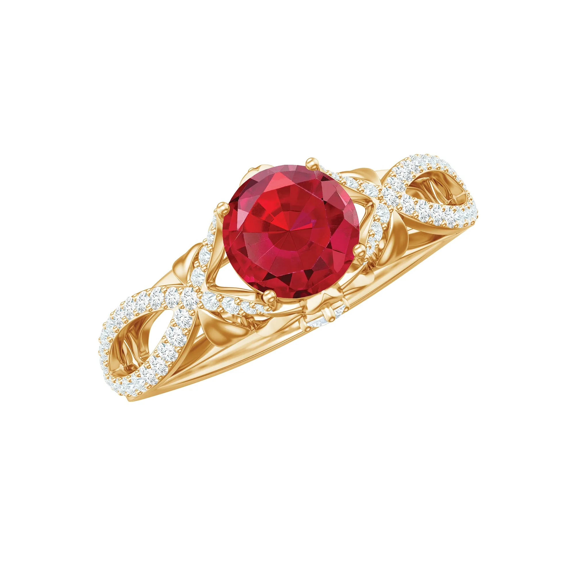 Classic Created Ruby and Diamond Crossover Engagement Ring with Diamond