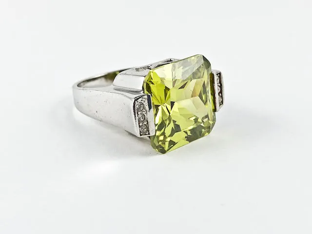 Classic Large Peridot Color CZ Rectangular Cut Center Silver Ring