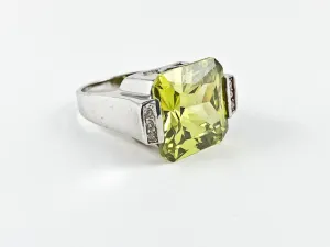 Classic Large Peridot Color CZ Rectangular Cut Center Silver Ring