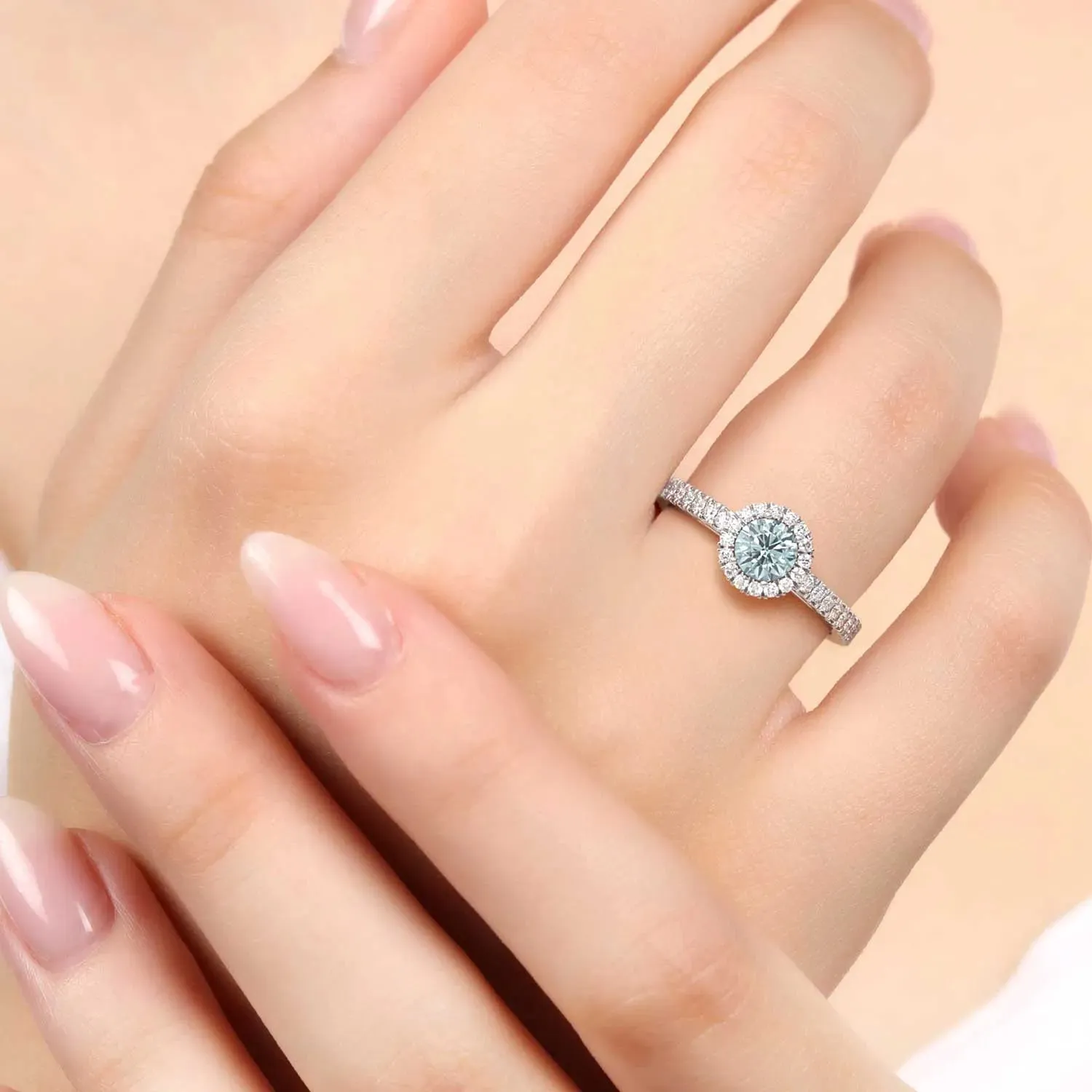 Classic Round Aquamarine Halo Ring in Sterling Silver
