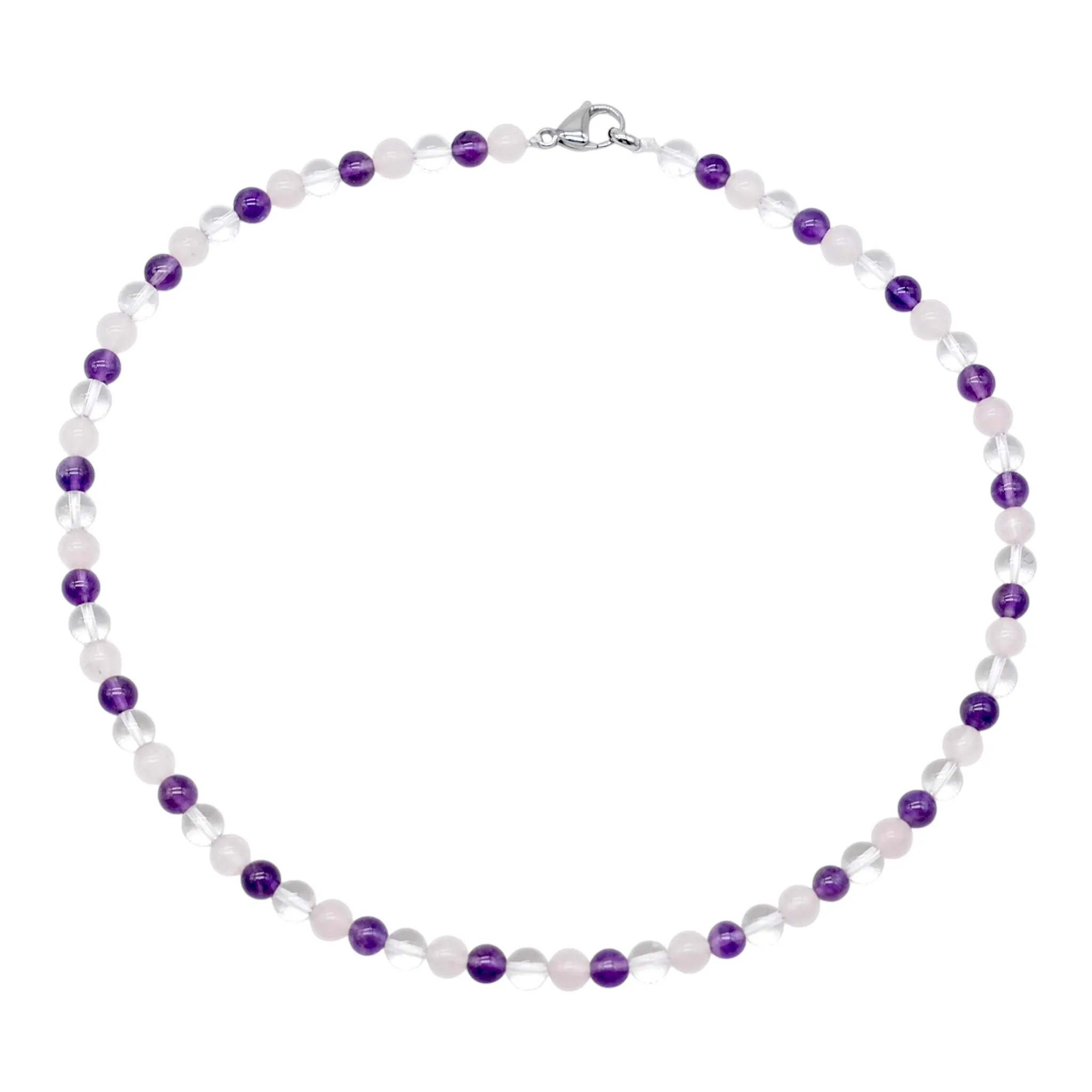 Collier Anti-stress & angoisse avec fermoir acier inoxydable — Améthyste, Cristal de roche & Quartz Rose A  (numéro 15)
