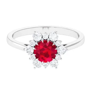 Created Ruby and Diamond Halo Engagement Ring