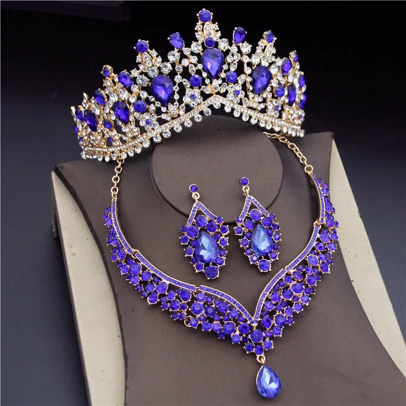 Crystal Water Drop Rhinestone Necklace Earrings Tiara Wedding  Jewelry Set