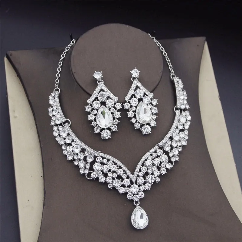 Crystal Water Drop Rhinestone Necklace Earrings Tiara Wedding  Jewelry Set