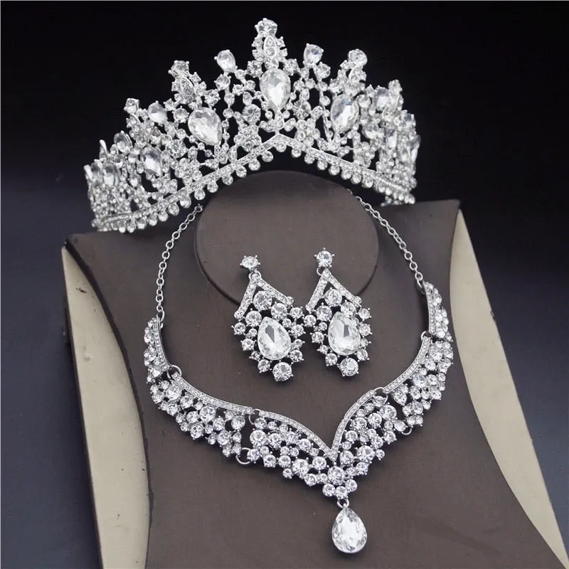 Crystal Water Drop Rhinestone Necklace Earrings Tiara Wedding  Jewelry Set