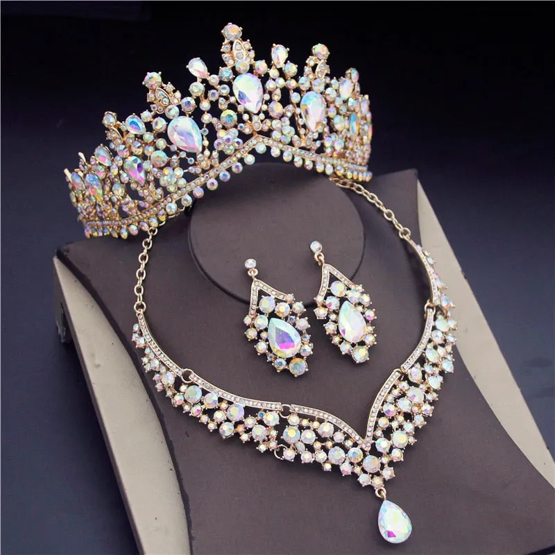 Crystal Water Drop Rhinestone Necklace Earrings Tiara Wedding  Jewelry Set