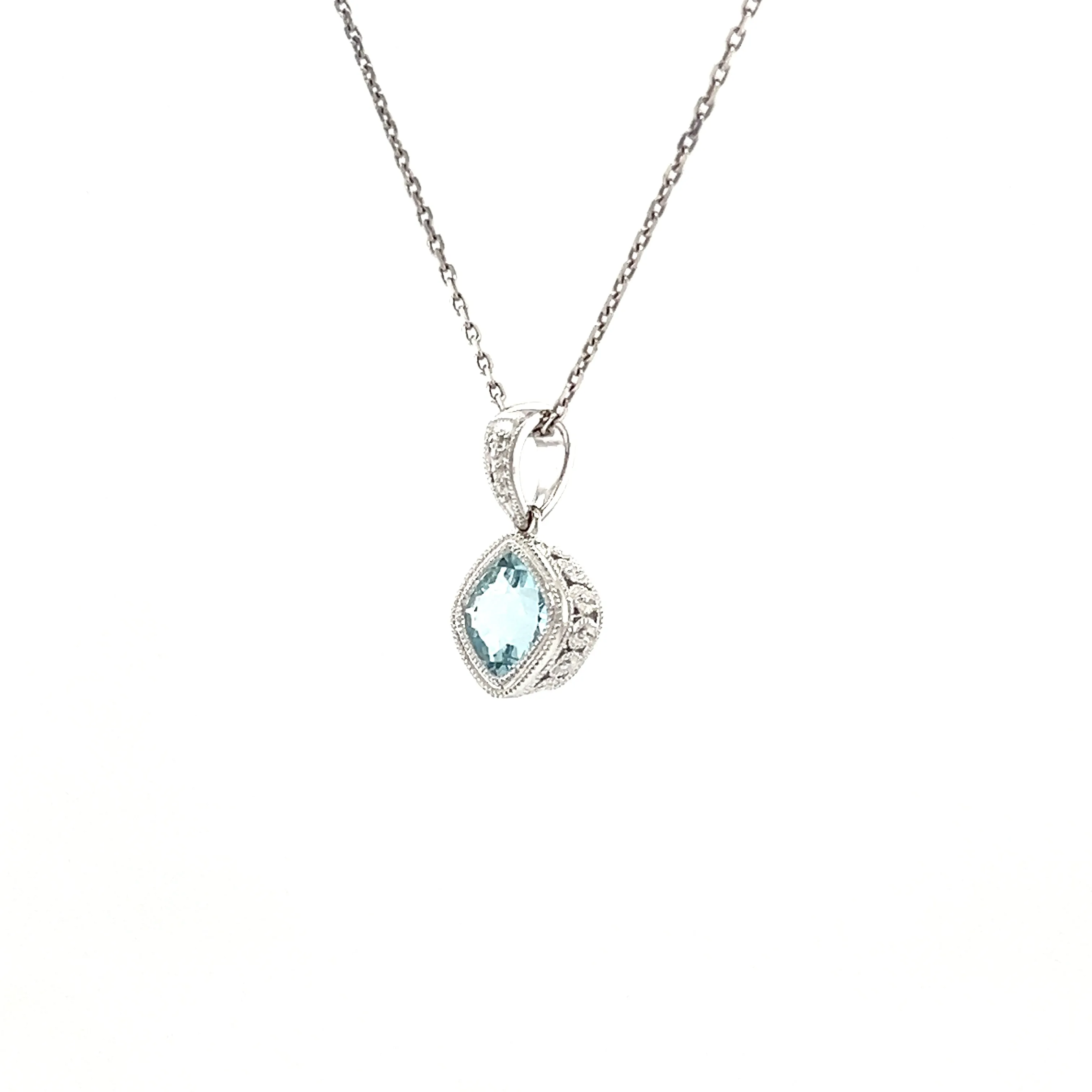 Cushion Aquamarine Pendant with Filigree and Milgrain Details in 14K White Gold