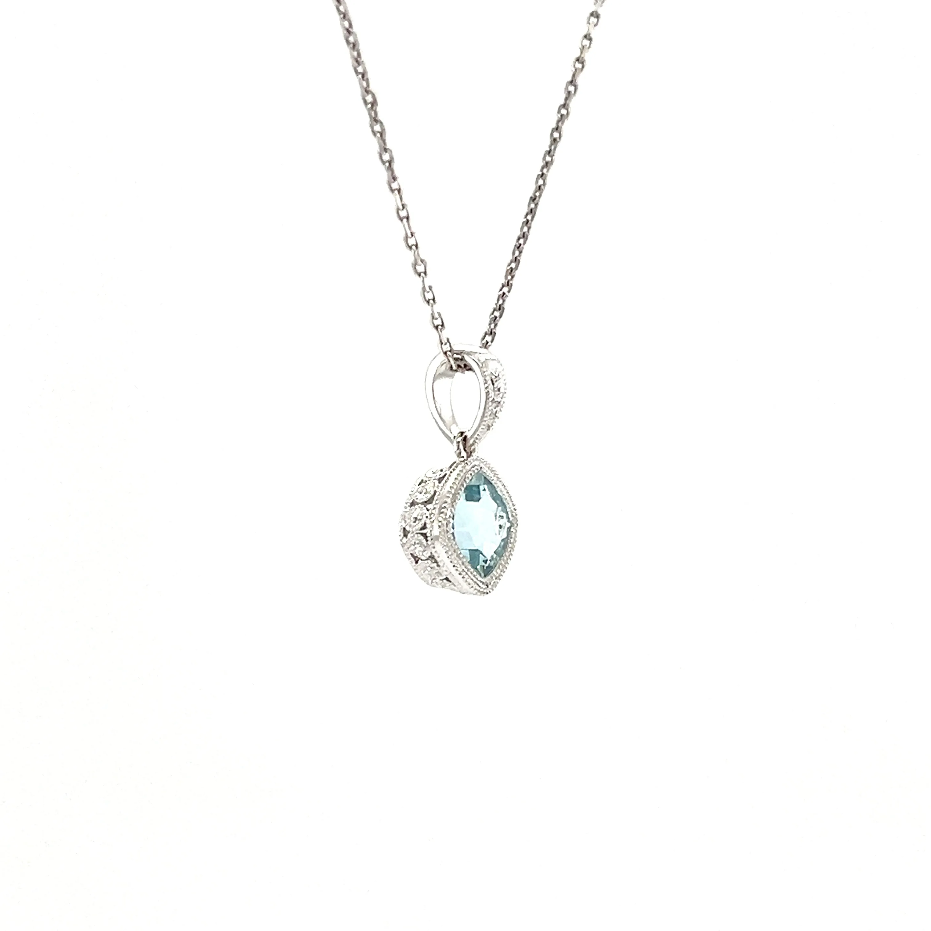 Cushion Aquamarine Pendant with Filigree and Milgrain Details in 14K White Gold