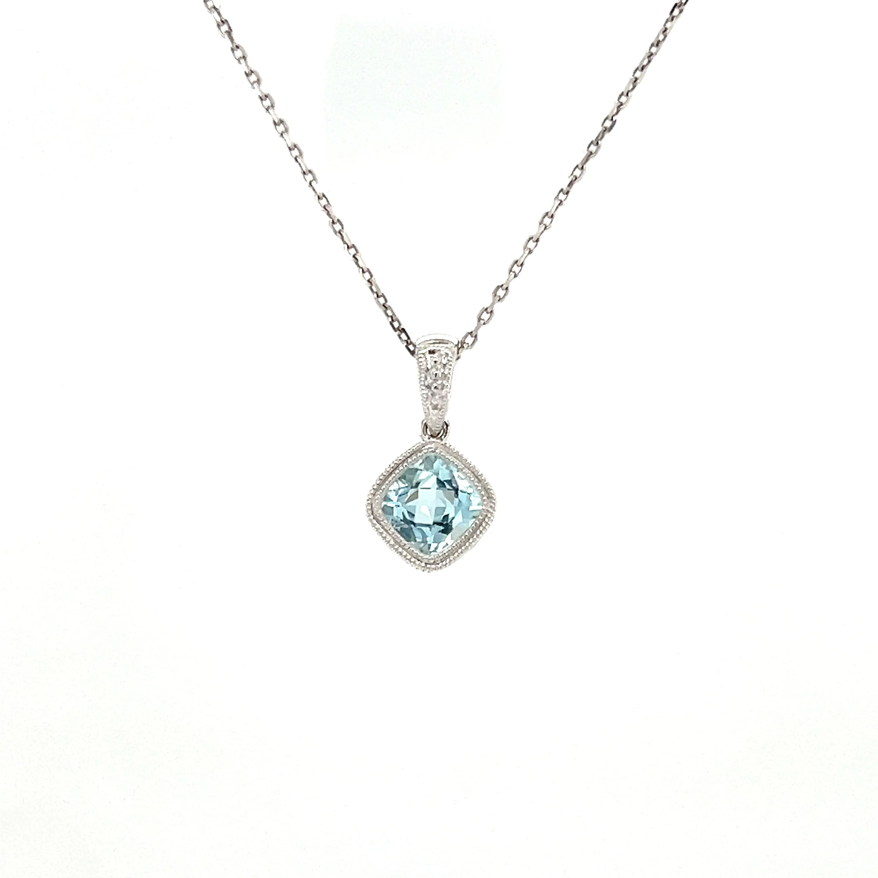 Cushion Aquamarine Pendant with Filigree and Milgrain Details in 14K White Gold