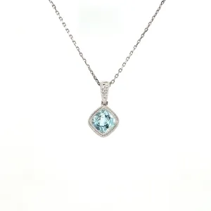Cushion Aquamarine Pendant with Filigree and Milgrain Details in 14K White Gold