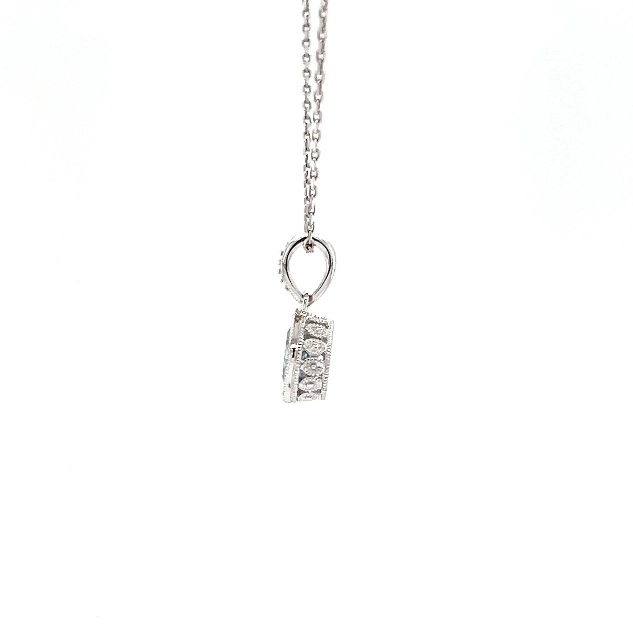Cushion Aquamarine Pendant with Filigree and Milgrain Details in 14K White Gold
