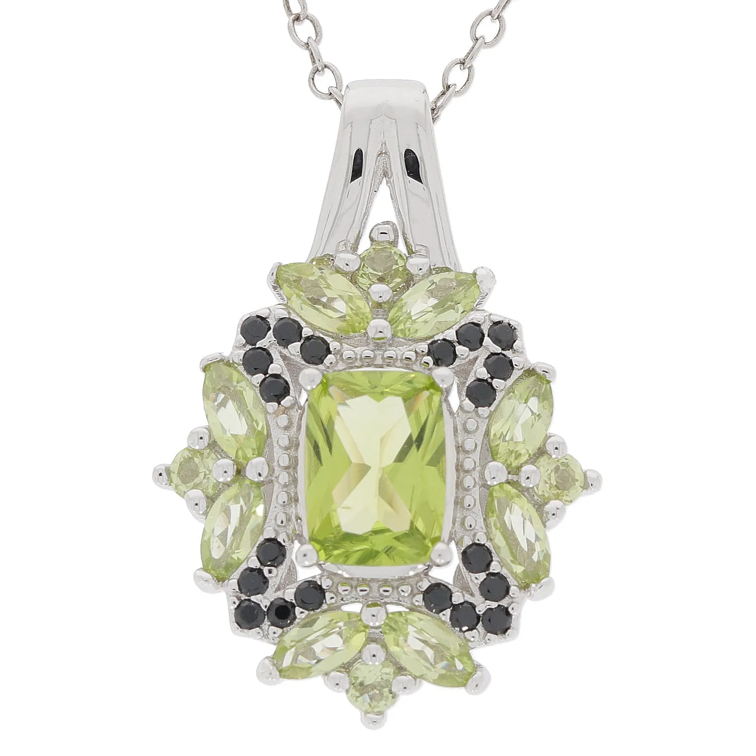 Cushion Green Peridot Sterling Silver Pendant with Black Spinel Accent
