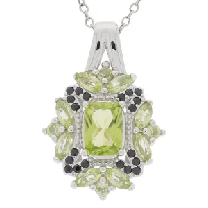 Cushion Green Peridot Sterling Silver Pendant with Black Spinel Accent
