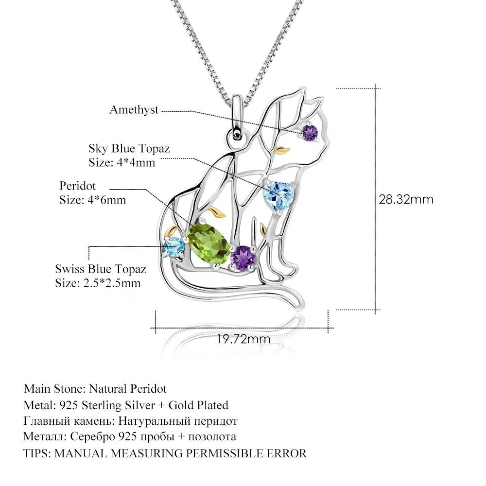 Designer Unique Cat Necklace Sterling Silver & REAL Gemstones!  Garnet, Topaz, Peridot