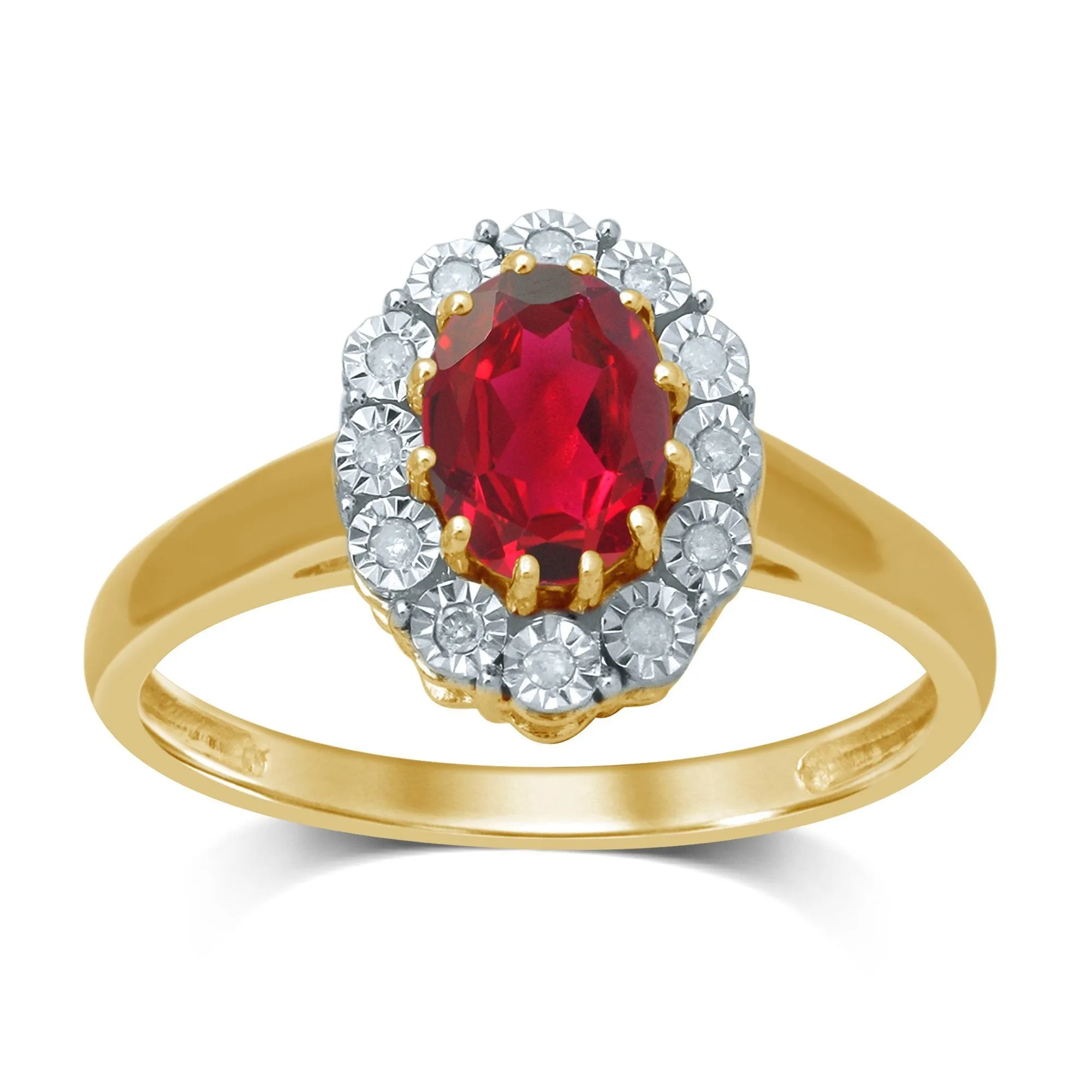 Diamond Set Oval Created Ruby Ring in 9ct Yellow Gold