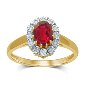 Diamond Set Oval Created Ruby Ring in 9ct Yellow Gold