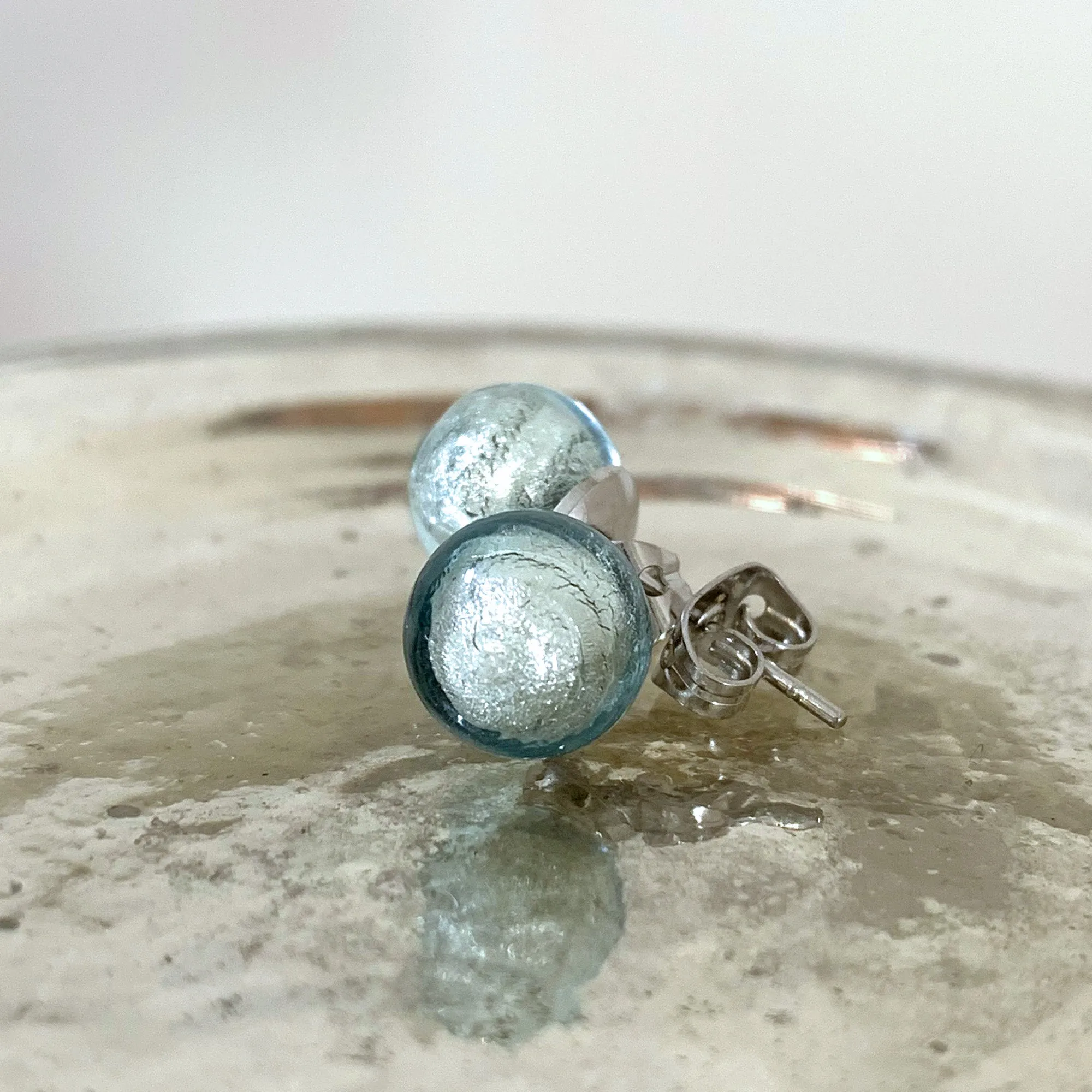 Earrings with aqua (blue) Murano glass sphere studs on surgical steel posts