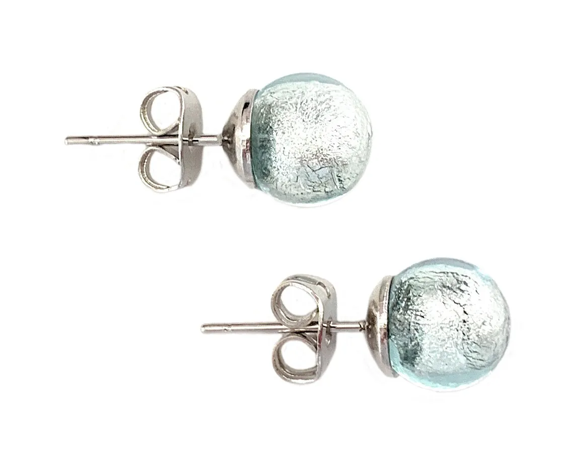 Earrings with aqua (blue) Murano glass sphere studs on surgical steel posts