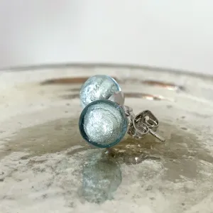 Earrings with aqua (blue) Murano glass sphere studs on surgical steel posts