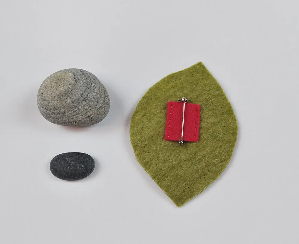 Embroidered Felt Brooch-- Olive on Fuchsia