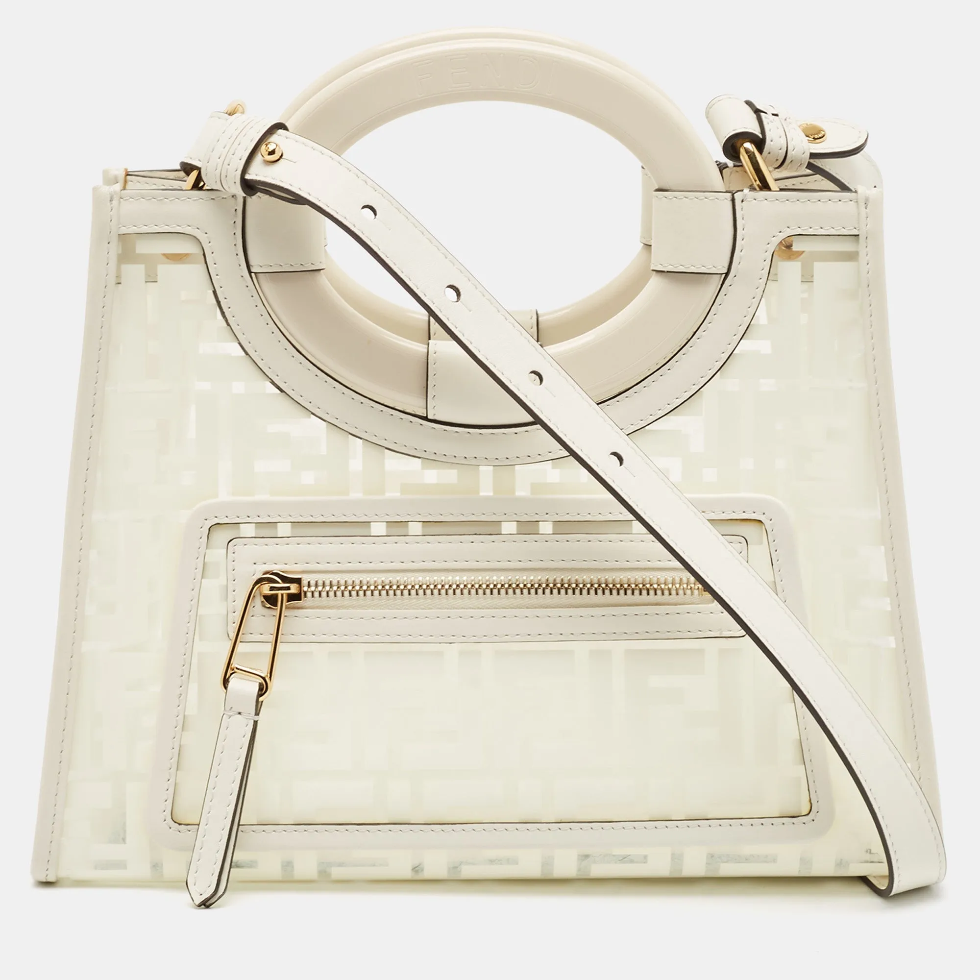 Fendi Transparent/off White Zucca Pvc And Leather Small Runaway Shopper Tote