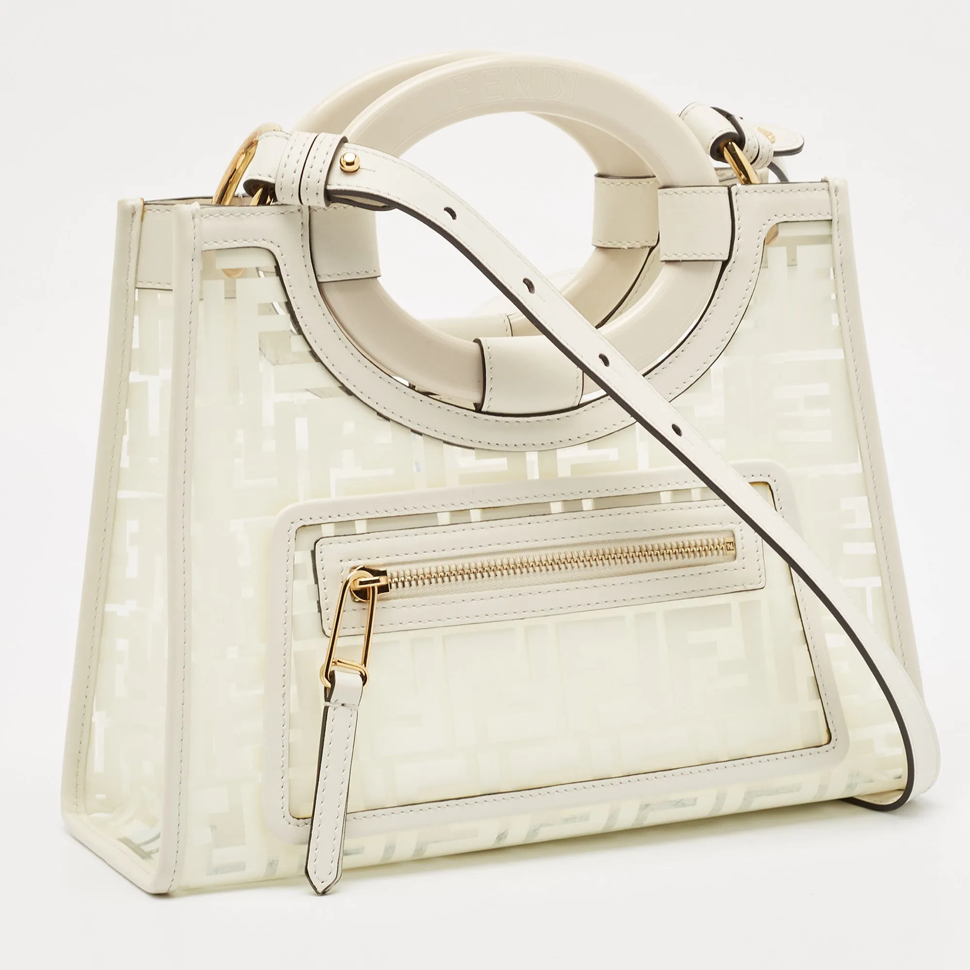 Fendi Transparent/off White Zucca Pvc And Leather Small Runaway Shopper Tote