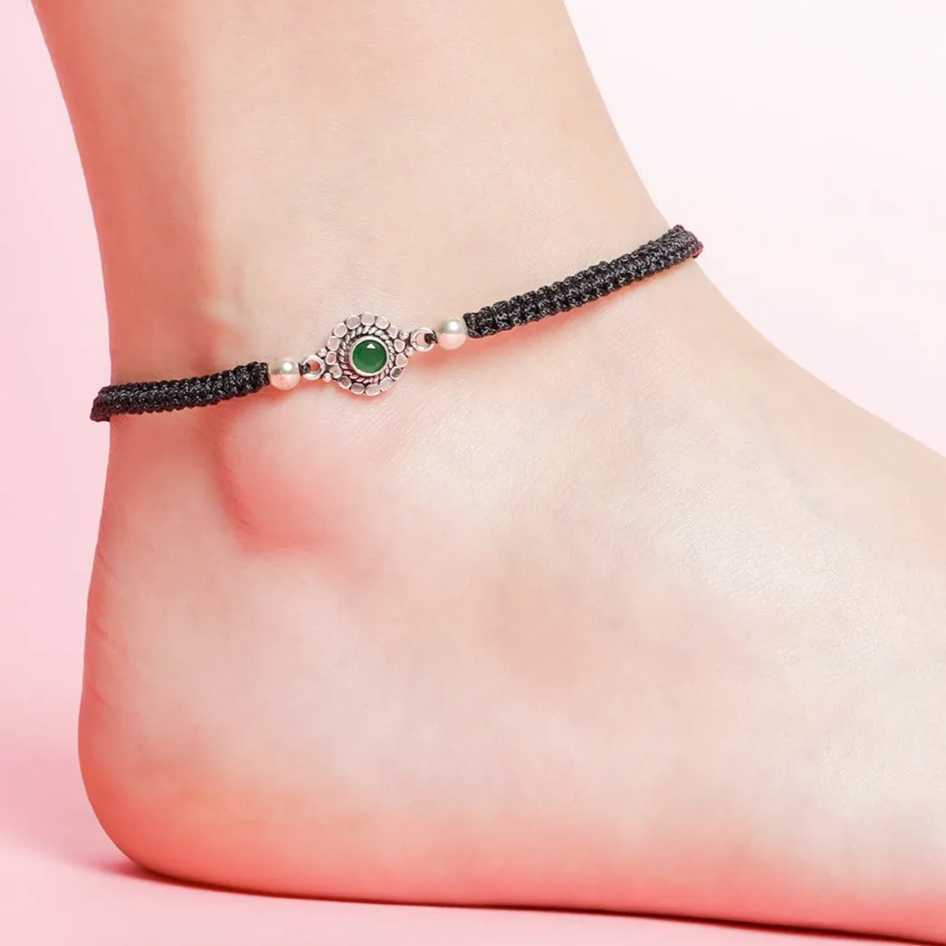Floral Rhodium Plated Green CZ 925 Sterling Silver Thread Anklet