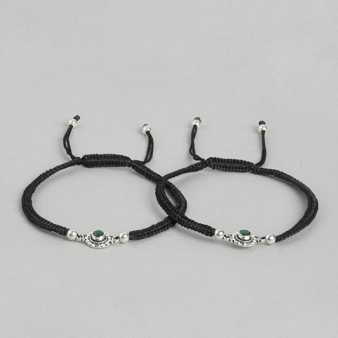 Floral Rhodium Plated Green CZ 925 Sterling Silver Thread Anklet