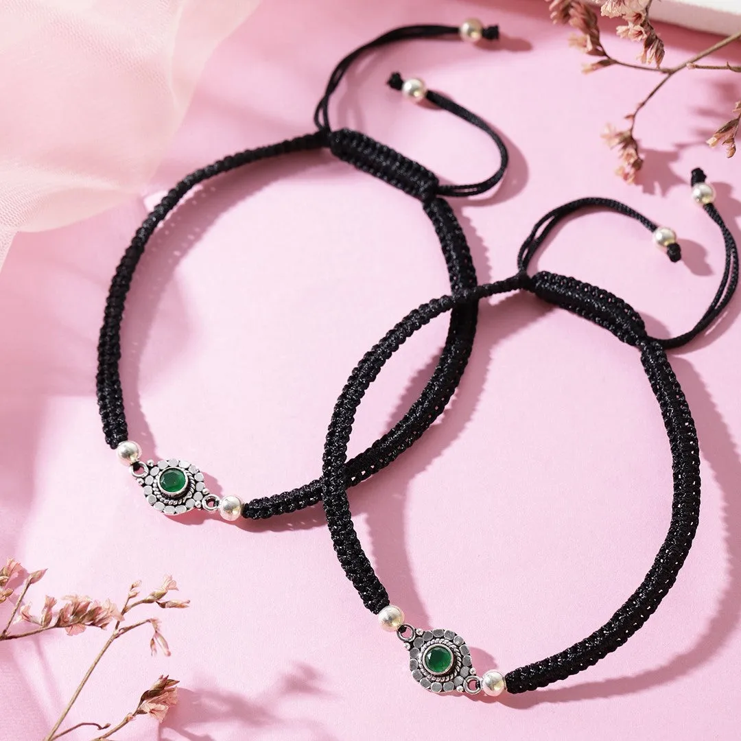 Floral Rhodium Plated Green CZ 925 Sterling Silver Thread Anklet