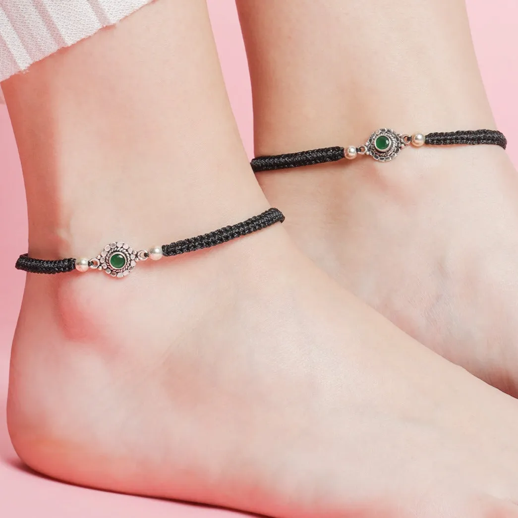 Floral Rhodium Plated Green CZ 925 Sterling Silver Thread Anklet