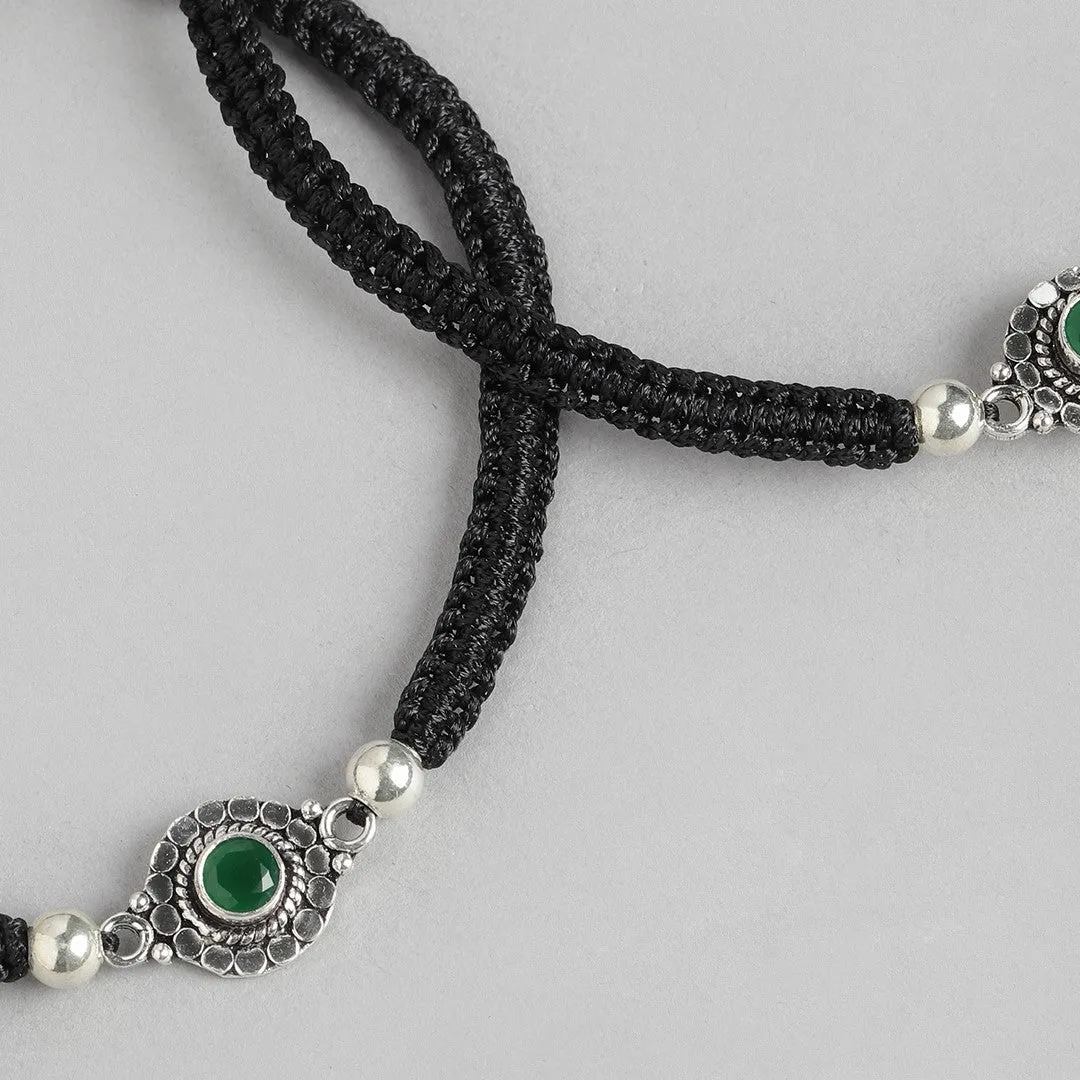 Floral Rhodium Plated Green CZ 925 Sterling Silver Thread Anklet