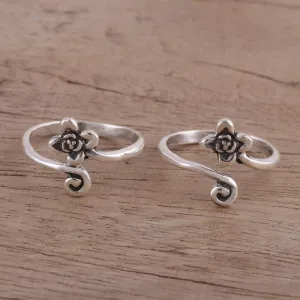 Flower Motif Toe Rings Handmade in Sterling Silver (Pair) - Flower and Swirl | NOVICA