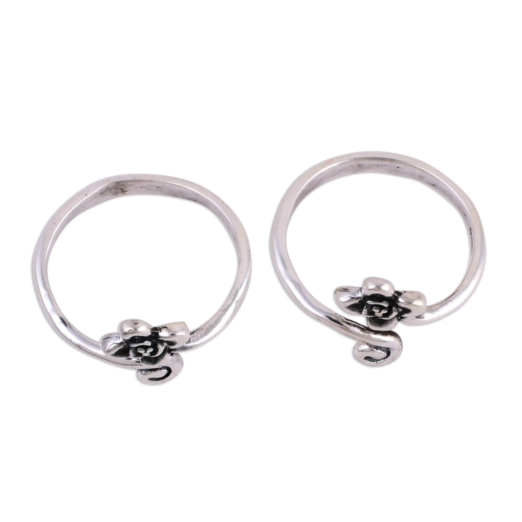 Flower Motif Toe Rings Handmade in Sterling Silver (Pair) - Flower and Swirl | NOVICA