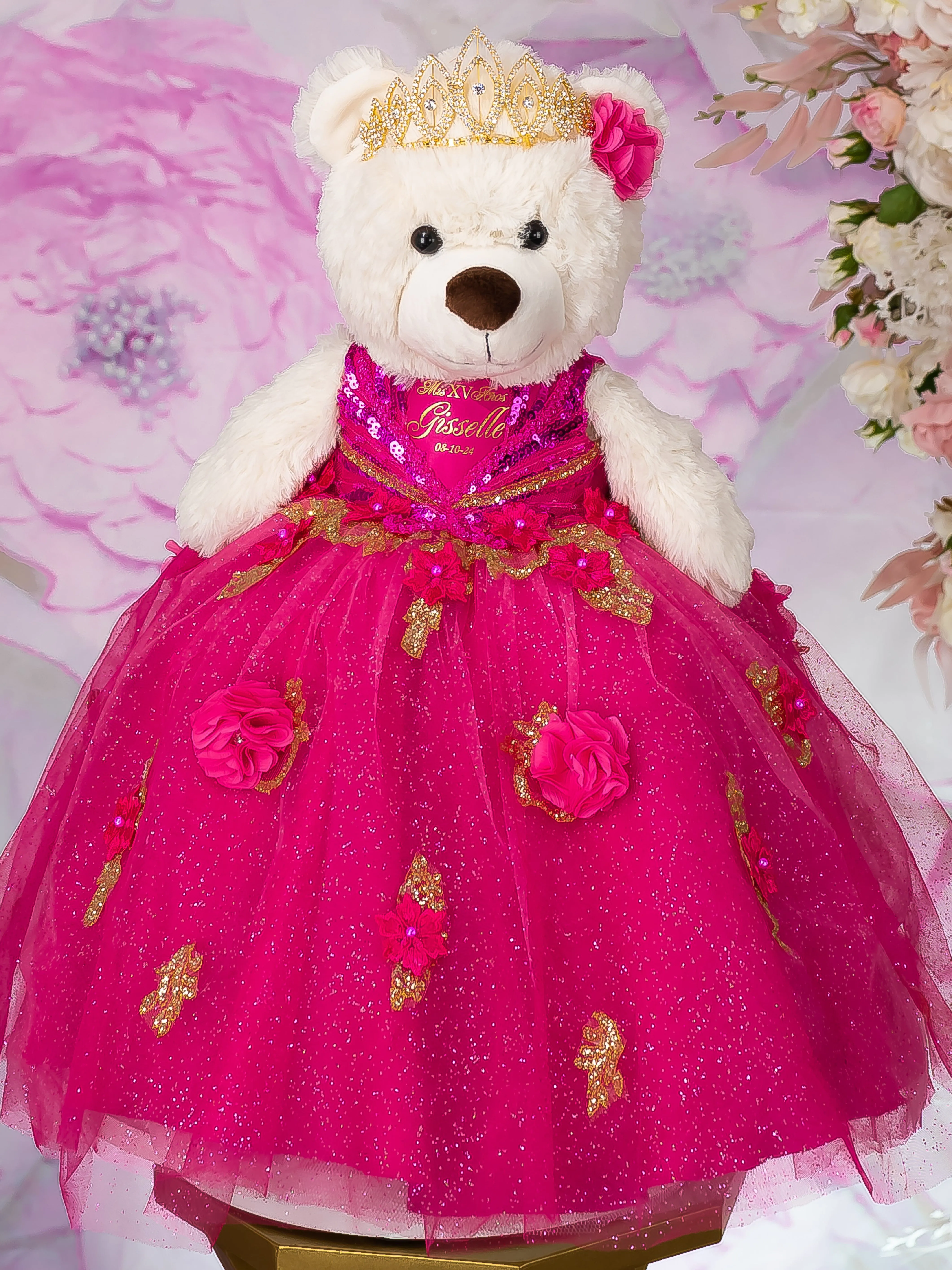 Fuchsia Quinceanera pillows set and teddy bear