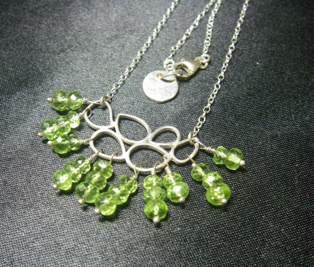 Green Peridot Leaves, Silver Chain Necklace