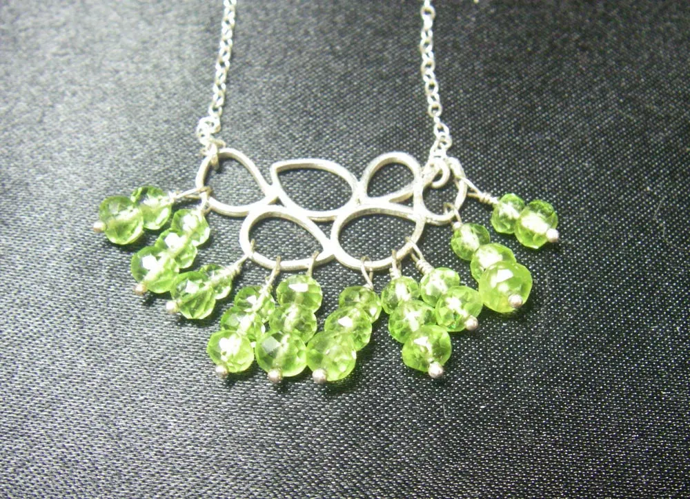 Green Peridot Leaves, Silver Chain Necklace