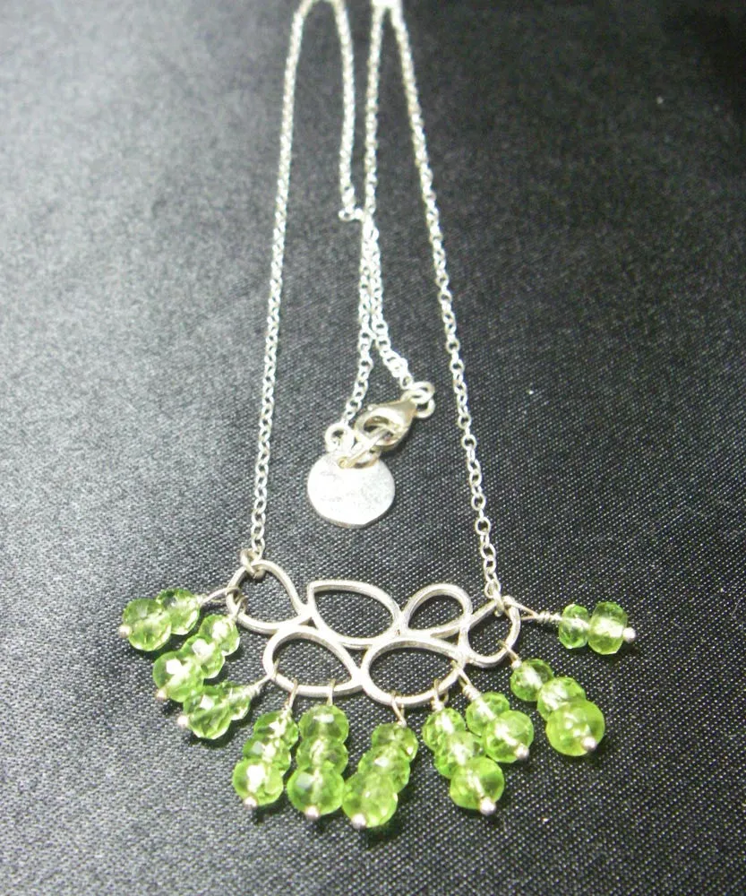 Green Peridot Leaves, Silver Chain Necklace